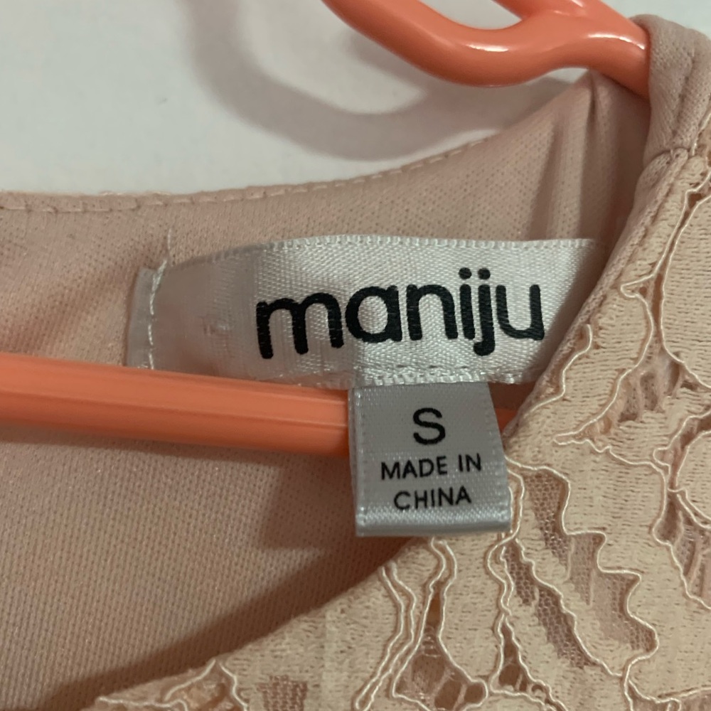 Maniju Blush Lace Midi Dress Size S Sheer Net Panel Formal Gown Back Zipper - Picture 3 of 14